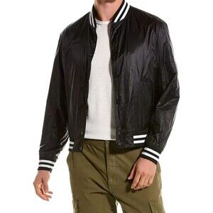 THEORY Varsity Jacket Mens Medium Black Nylon Snap Up Lightweight Bomber $395